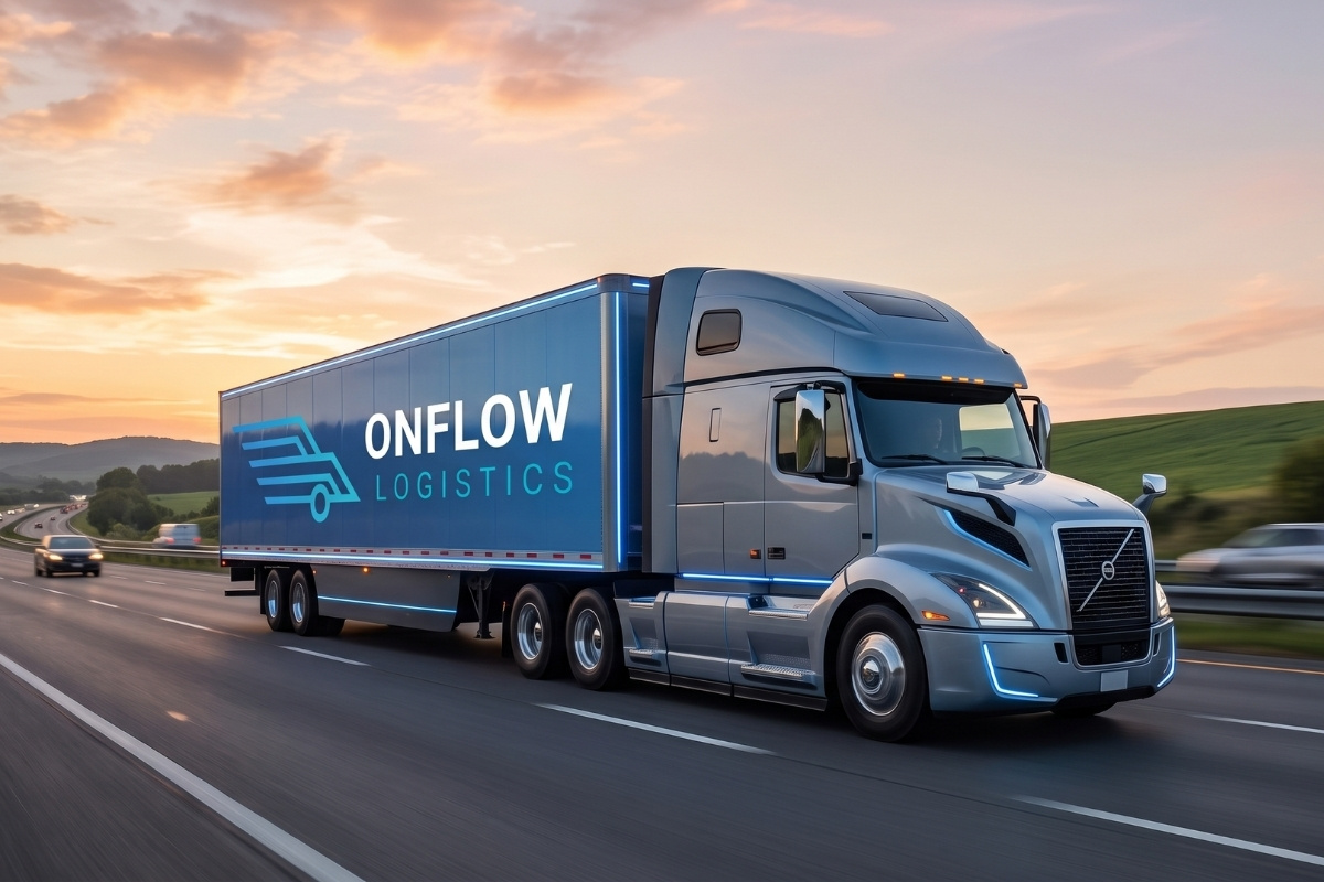 Commercial semi-truck traveling down structured empty highway